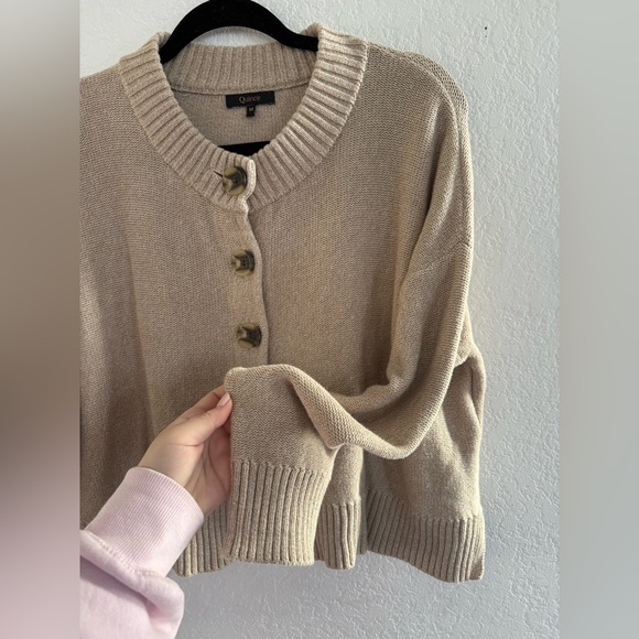 Quince 100% Organic Cotton Button Front Cardigan in speckled beige size medium - Picture 7 of 10